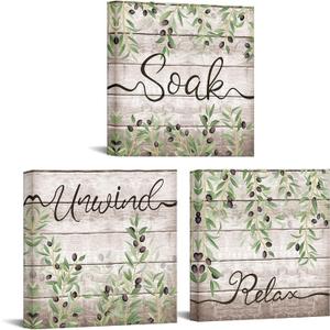 Conipit Sage Green Bathroom Canvas Relax Soak Unwind Sign Wall Art Olive Green Leaves Painting Prints Botanical Picture Artwork for Bathroom