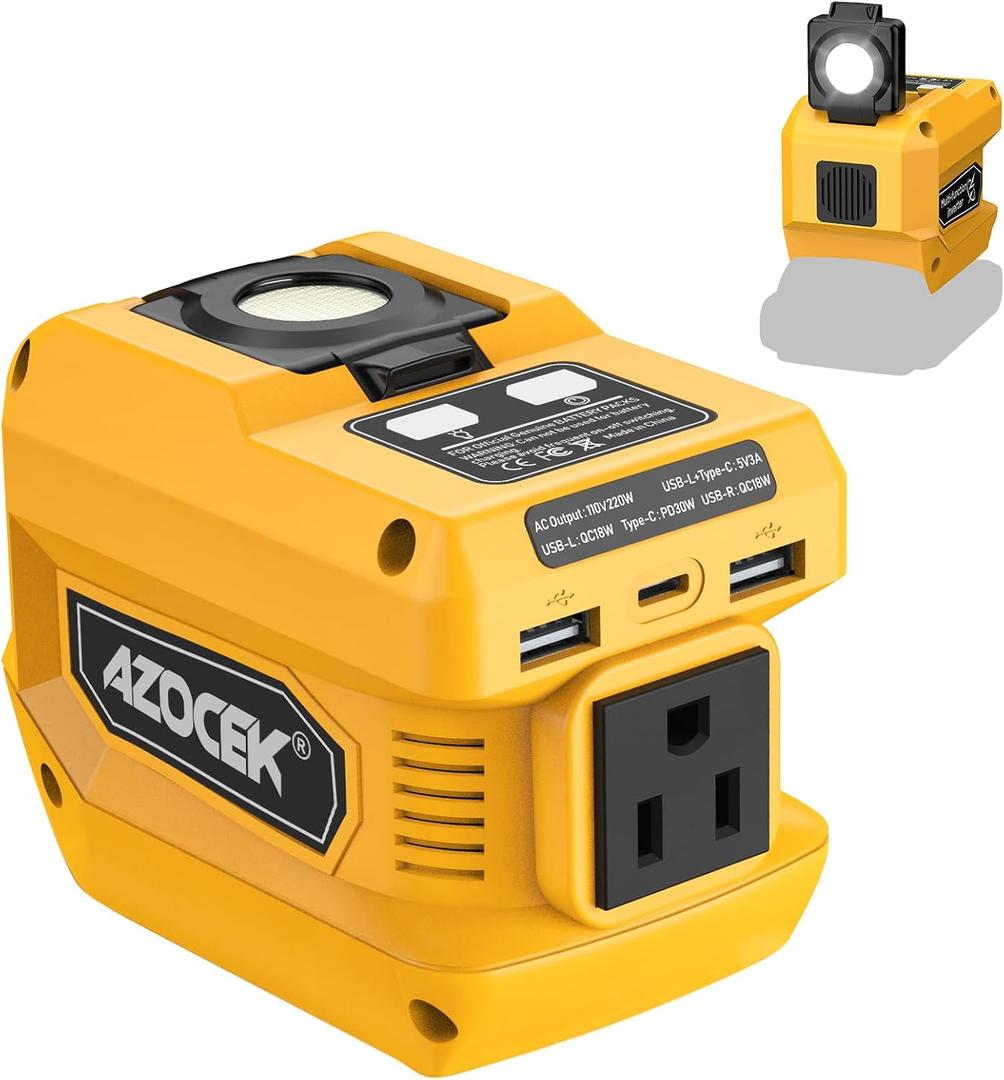 Azocek 220W Power Inverter Compatible with Dewalt 20V Battery(Battery not Included), DC 20V to AC 110V, 2 USB Ports & 1 Type-C Fast Charging, 400LM LED Work Light