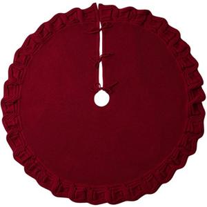 Red Christmas Tree Skirt 48 Inch Ruffled Red Round Christmas Tree Mat Acrylic Fiber for Xmas Home Party Decorations