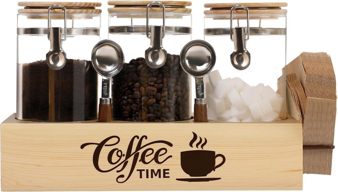 Glass Coffee Canister Set with Shelf & Spoons - 3 Piece Airtight Seal Coffee Bean Storage Containers & Filter Holder for Kitchen Organization