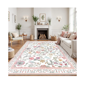 Floral Washable 8x10 Area Rug for Living Room, Soft Pink Large Girls Bedroom Rug, Non-Slip Low Pile Flower Birds Dining Room Rug, Botanical Floor Carpet for Kids Classroom Office