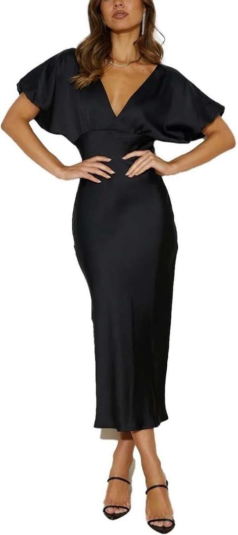 Satin V Neck Puffy Sleeves Silk Midi Dresses Empire Waist Elegant Tie Back Formal Cocktail Dress for Women Wedding Guest, Black, Large