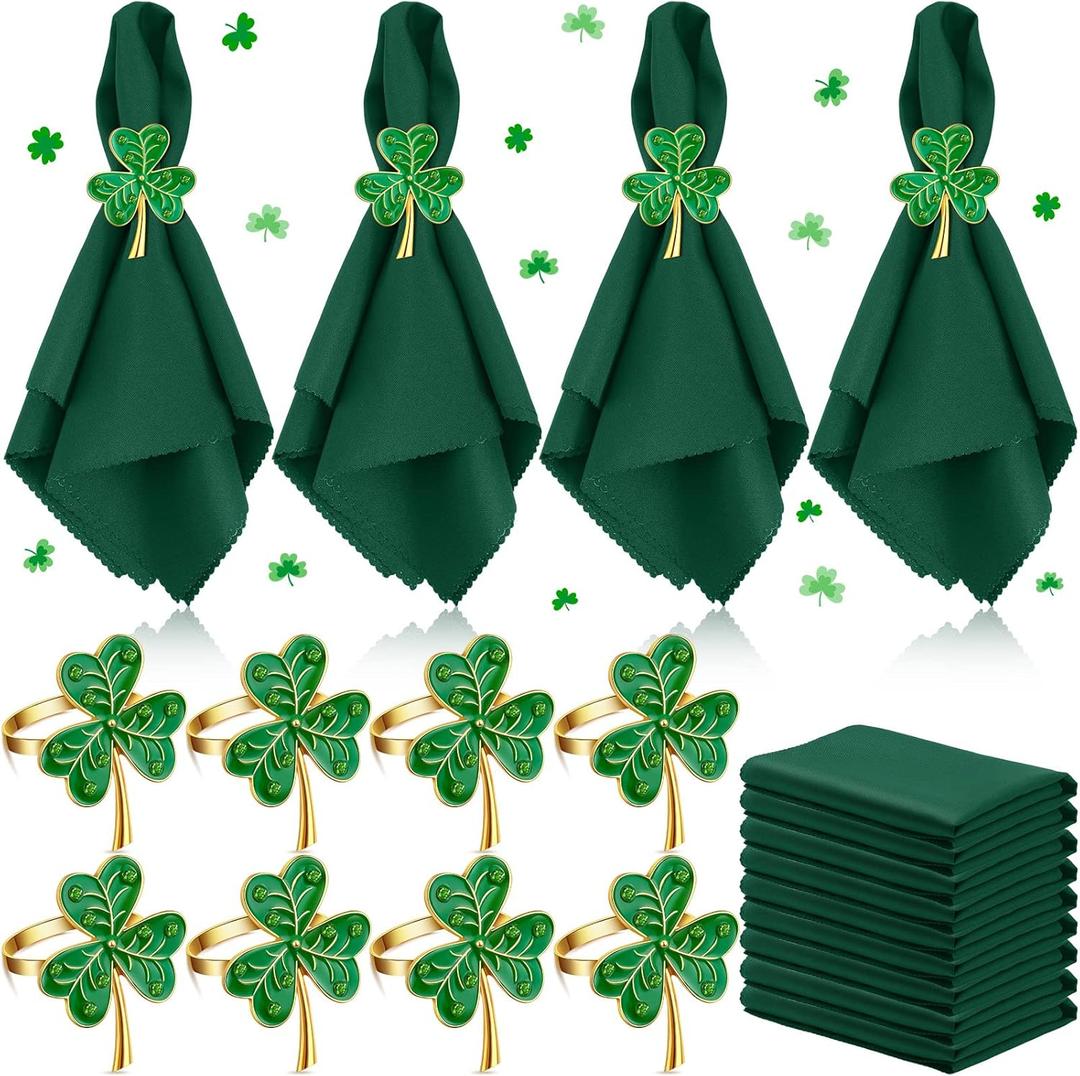 16 Pcs St. Patrick's Day Napkin Rings Set 8 Pcs Green Shamrock Metal Rings Holder and 8 Pcs Green Washable Napkins Cloth for St. Patrick's Day Dinner Party Table Decoration(Stylish Style)