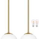 Bagood 8" Globe Pendant Light Gold 2 Pack Mid Century Pendant Light Globe Pendant Lights Kitchen Island Brushed Brass Finished with Milk Glass Adjustable Ceiling Light Fixtures for Dining Room Bar