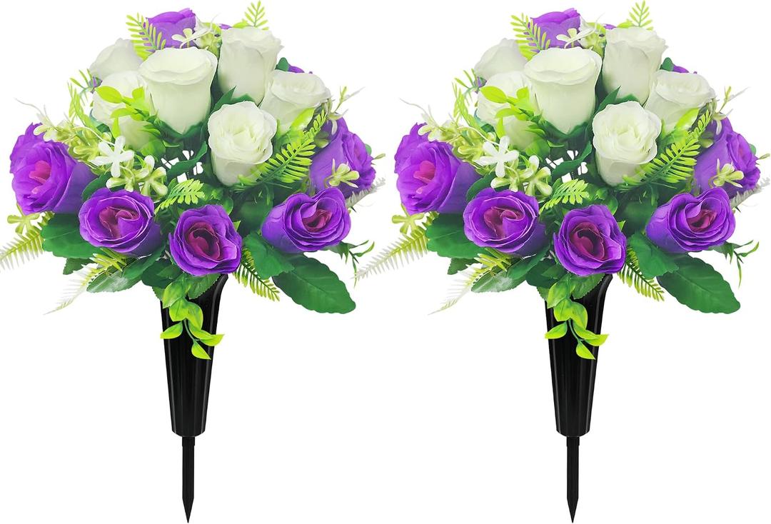 Artificial Cemetery Flowers,Cemetery Flowers for Grave,Outdoor Grave Decorations Roses,Memorial Flowers Bouquet with Cemetery Vase for Headstone Tombstone Decoration,2 Sets (Purple White)