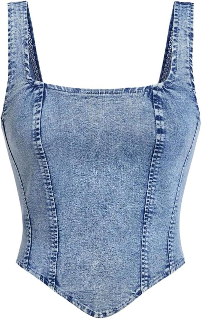 WDIRARA Women's Denim Corset Tank Top Asymmetrical Hem Crop Tops Sleeveless Zip Up Back Tanks, S