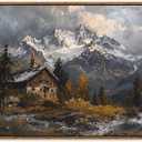 KISSFOX Framed Wall Art Vintage Wall Decor Landscape Pictures Snow Mountain Canvas Art Winter Cottage Paintings Farmhouse Artwork For Bedroom Living Room Kitchen, 36"L x 24"W