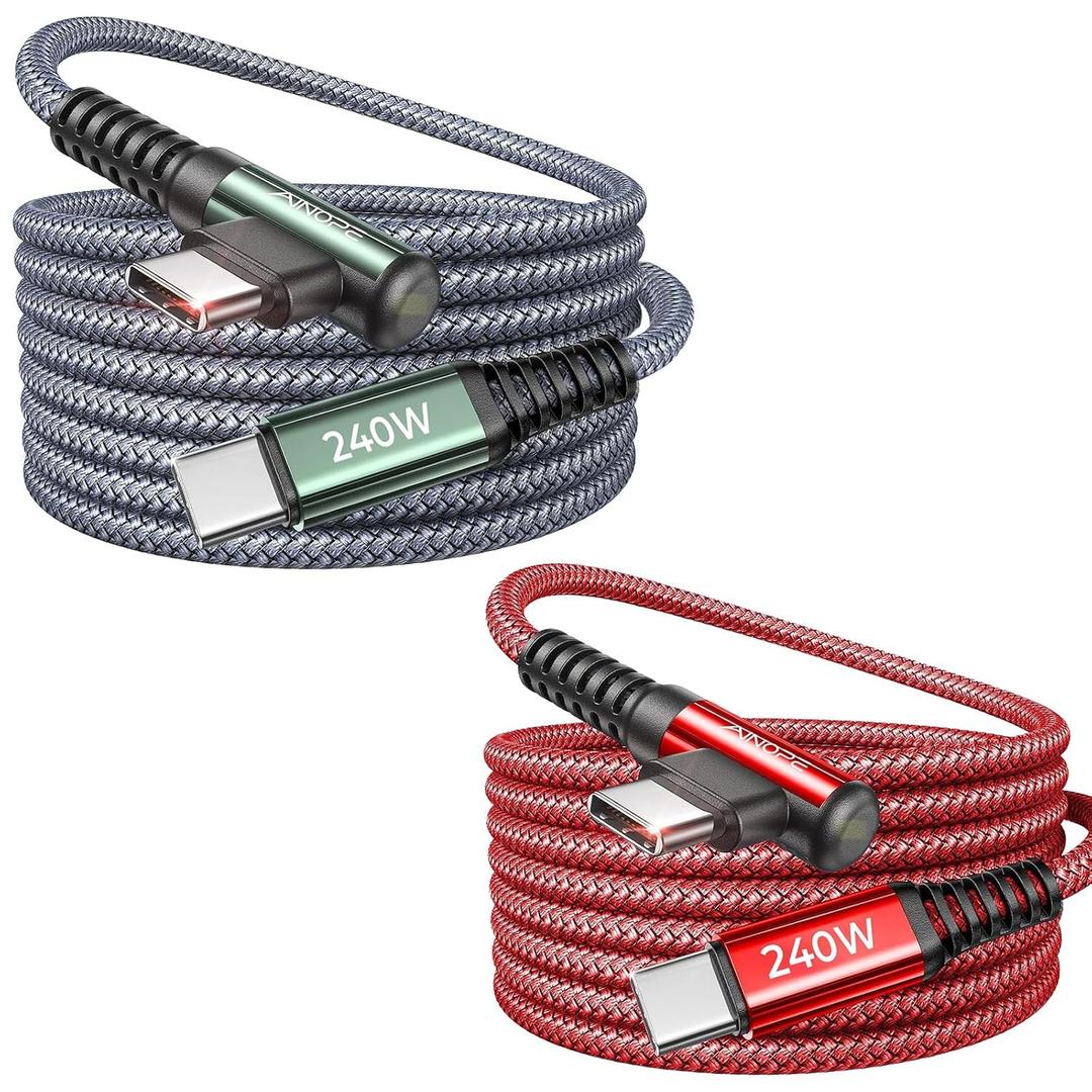 AINOPE 240W USB C to USB C Cable Fast Charging 6FT,Right Angle Fast Type C Charging Cable Fits iPhone 16 Pro Max Plus,iPhone 15,MacBook Air/Pro,iPad Pro,Samsung,Pixel,All Devices, Grey,Red 2Pack