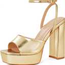 Elisabet Tang Chunky Heeled Platform Sandals for Women,4.7 Inch Block Heels with Open Toe Ankle Strap, Dress Shoes for Wedding Party Homecoming Travel Gold Size 7.5