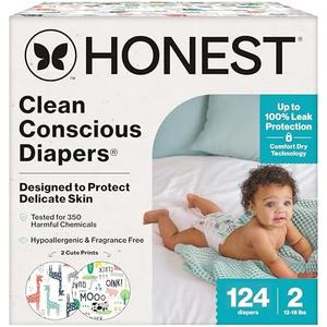 The Honest Company Clean Conscious Diapers for Delicate Skin | Up to 100% Leakproof | Hypoallergenic, Fragrance Free | Gender Neutral | Super Club Box, Size 2 (12-18 lbs), 124 Count (Prints May Vary)