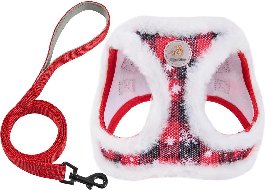 Hipubby Christmas Dog Harness and Leash Set, No Pull Soft Mesh Puppy Harness for Small Medium Dogs, Cats - Step in Reflective Vest Harness for Walking, Training - Plush Red, L (L (Chest: 19.5"-21.5"))