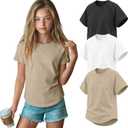 3 Pack Girls' Short Sleeve T-Shirts Loose Fit Crew Neck Tops Raglan Curve Hem Shirts Casual Kids Basic Tees 5-14Y