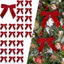 LaRibbons 24 Pcs Red Crinkled Velvet Bows for Christmas Tree, Door, Garland, Wreath, 1" Wide, 3.9"x3.9", Vintage Style