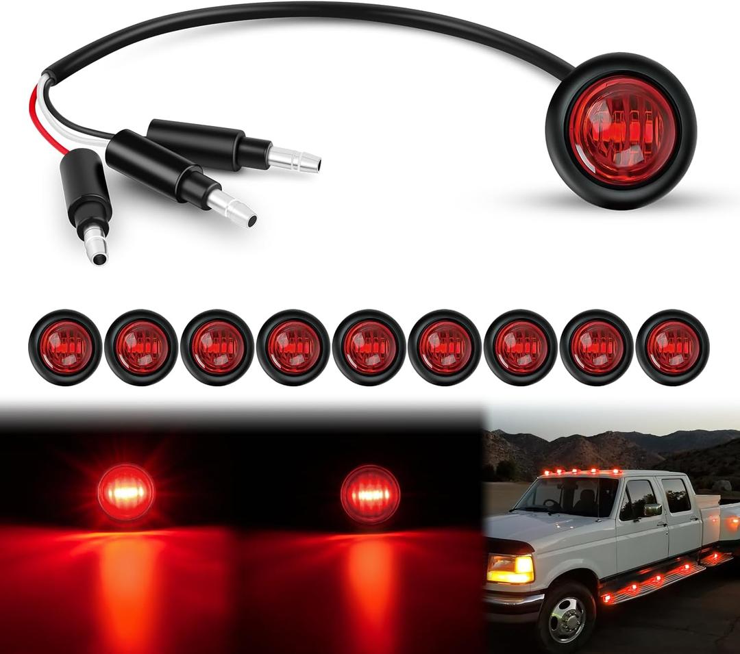 Nilight 3/4Inch Round Marker Light 10PCS Red LED Brake Stop Turn Signal 3 Connectors Side Indicator Bullet Clearance Lights IP68 Waterproof for Trailer Truck Camper Van Boat Bus