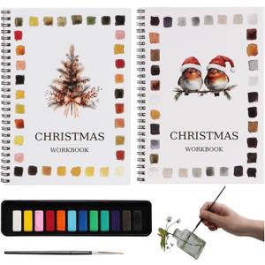 2 x Christmas Watercolor Paint Set  Watercolor Workbook, 12-Color Paint Palette Included, Spiral Bound Art Journal for Beginners, Adults, Painting Practice & Gifts (Birdsong and flowers)