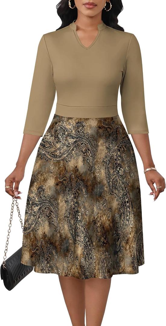 3/4 Sleeve Dress for Women Fit and Flare A-Line Church Dresses with Pockets Midi Wedding Guest Dress, M