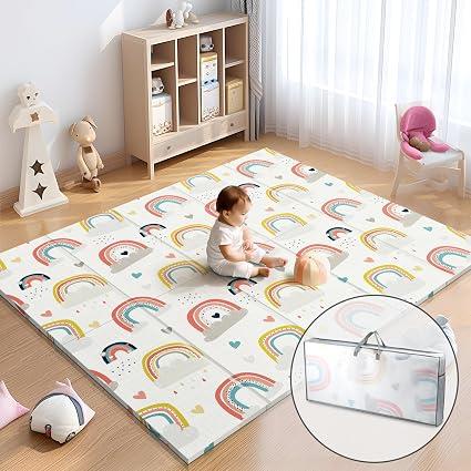 Noonkty 79x71 Extra Large Baby Play Mat for Floor, Foldable Foam Playmat for Babies 0-12 Months & Kids, Non-Toxic Waterproof Baby Mat for Floor, Thick Playpen Mat for Tummy Time Crawling, New Rainbow