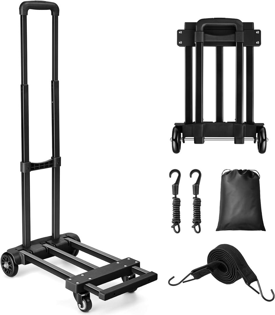 KEDSUM Folding Hand Truck with 4 Wheels, Lightweight Dolly Cart with Wheels Foldable, Expandable Baseplate Utility Luggage Cart Compact for Travel, Moving and Office Use, Easy to Store