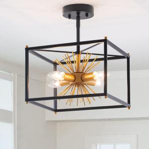 VILUXY Black and Gold Semi-Flush Mount Ceiling Light Fixture Mid-Century Sputnik Modern Ceiling Chandelier Square for Bedroom Entryway Hallway 4-Light