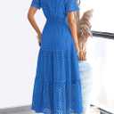 PRETTYGARDEN Womens 2026 Summer Maxi Dress Short Sleeve V Neck Hollow Out Eyelet A Line Long Flowy Beach Vacation Dresses (Blue, L)