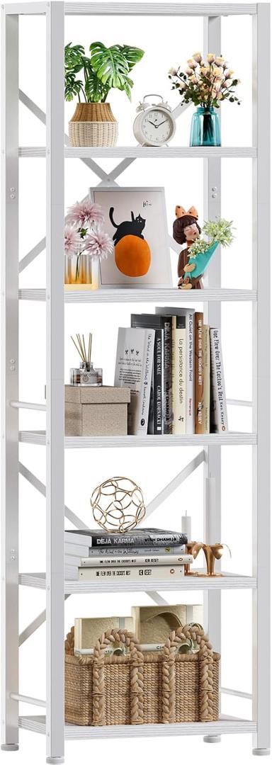 Furologee White Tall Bookshelf, Narrow Bookcase with 6 Shelves, Modern Freestanding Shelf Units, Metal and Wood Display Storage Corner Rack Organizer for Living Room, Home Office, Hallway, Bathroom