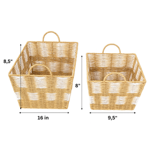 Basket Set of 2 – Woven Storage Baskets with Handles, Natural and White – Sizes 11.5x16x8.5 in & 9.5x14x8 in