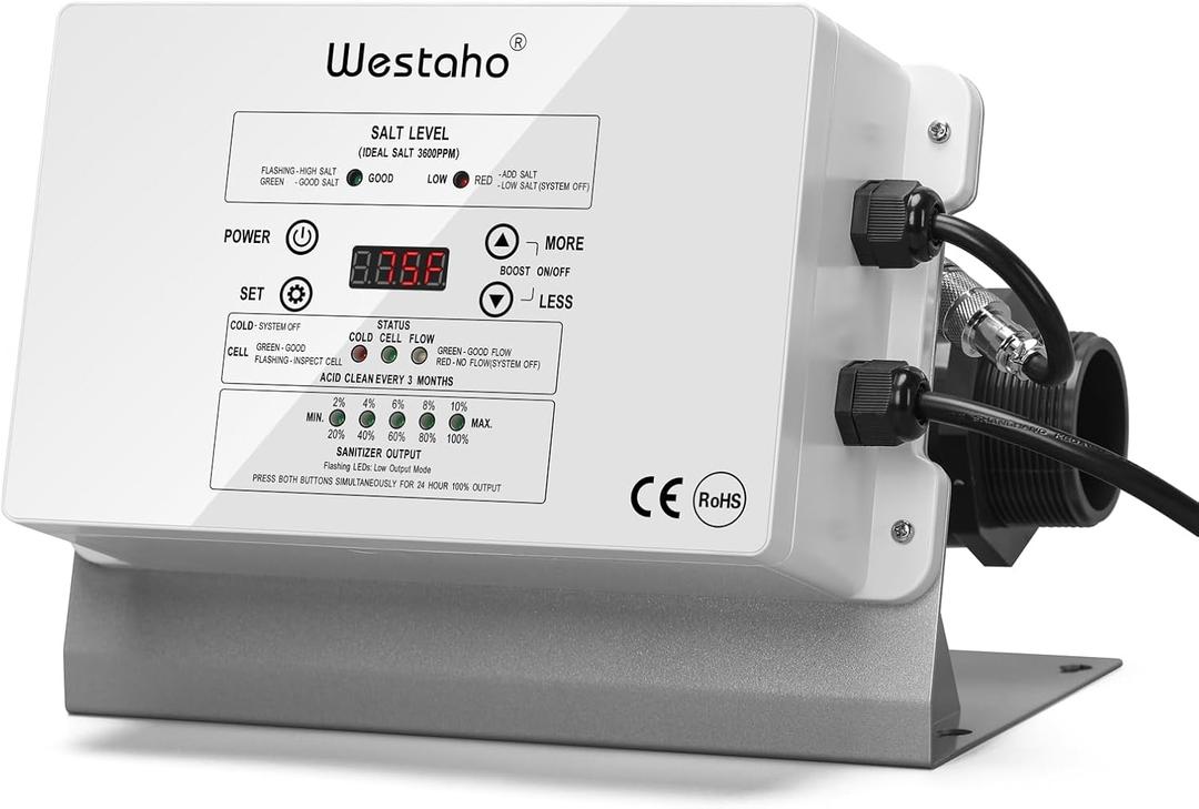 Saltwater Pool System, Westaho Salt Chlorine Generator with USA Titanium Cell for Above Ground Pools Up to 15,000 Gallons, Compatible with Intex Pool, IP 66 Waterproof