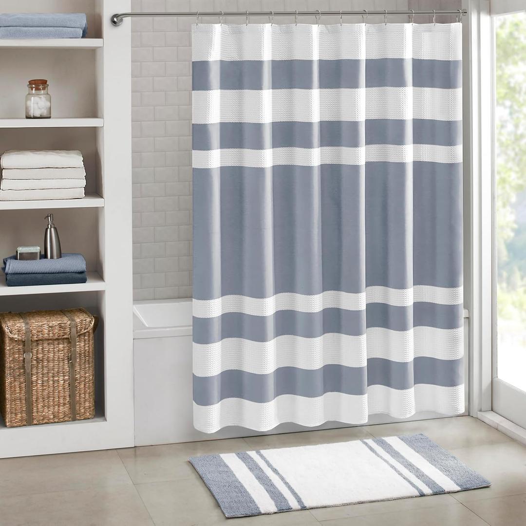 Madison Park Spa Waffle Shower Curtain Pieced Fabric with 3M Scotchgard Moisture Management, Premium Spa Quality Modern Shower Curtains for Bathroom, Standard 72x72, Indigo Blue