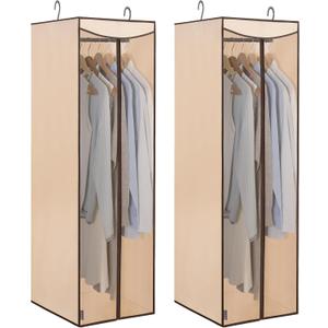 STORAGE MANIAC 2-Pack Hanging Garment Bag Zipper Cover with Sealed Clear Window, Long Garment Cover for Closet Storage Wardrobe Clothes Protector, Large Garment Storage Bag for Dresses,Suits, Beige