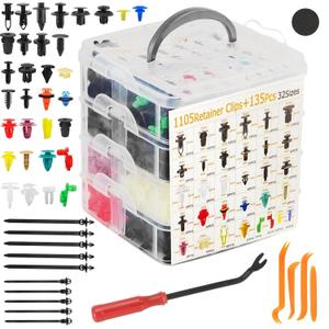 1240Pcs Car Retainer Clips & Fasteners Kit 32 Universal Sizes Nylon Bumper, Fender Rivets, Door Panel Clips, and Plastic Rivets with 10 Cable Ties and Removal Tool for Toyota, Ford, Benz (1240pcs)