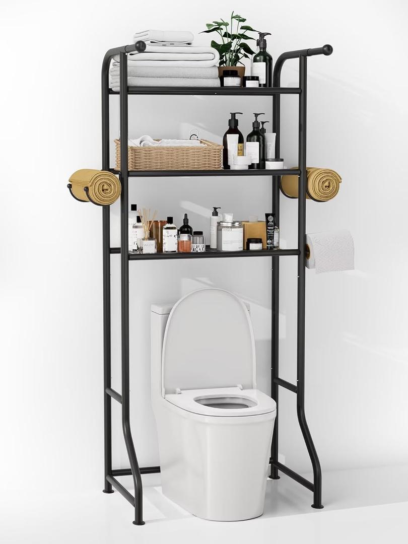 3-Tier Over The Toilet Storage ShelfBathroom Organizers and Storage Over ToiletMetal Bathroom Space Saver with 2 Bars1 Paper Holder and 4 Hooks, Black