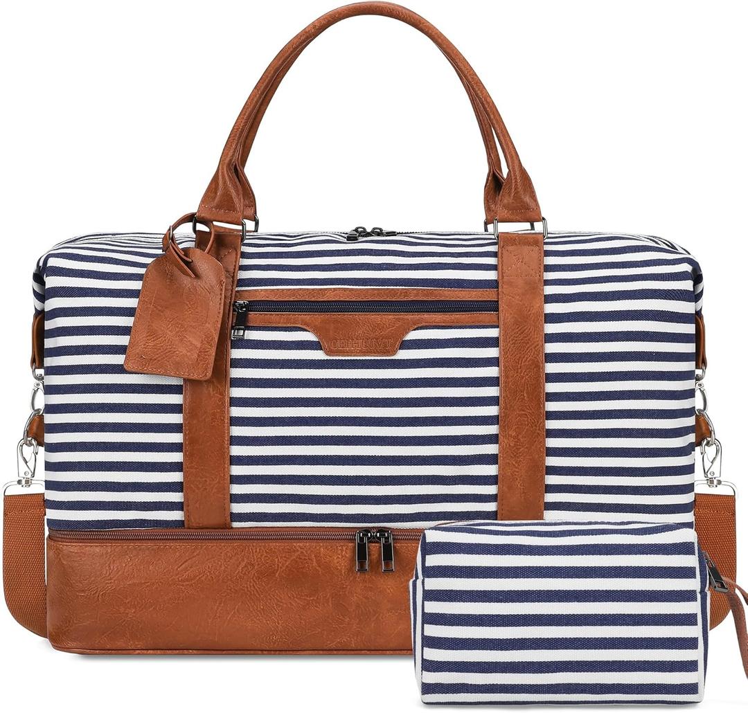 Oeihuivt Weekender Bags for Women - 21 Inch Large Travel Duffel Bag 2-Piece Set with Shoe Compartment, Heavy-Duty Canvas Leather Carry On Overnight Tote (Brown-Deep blue stripes)