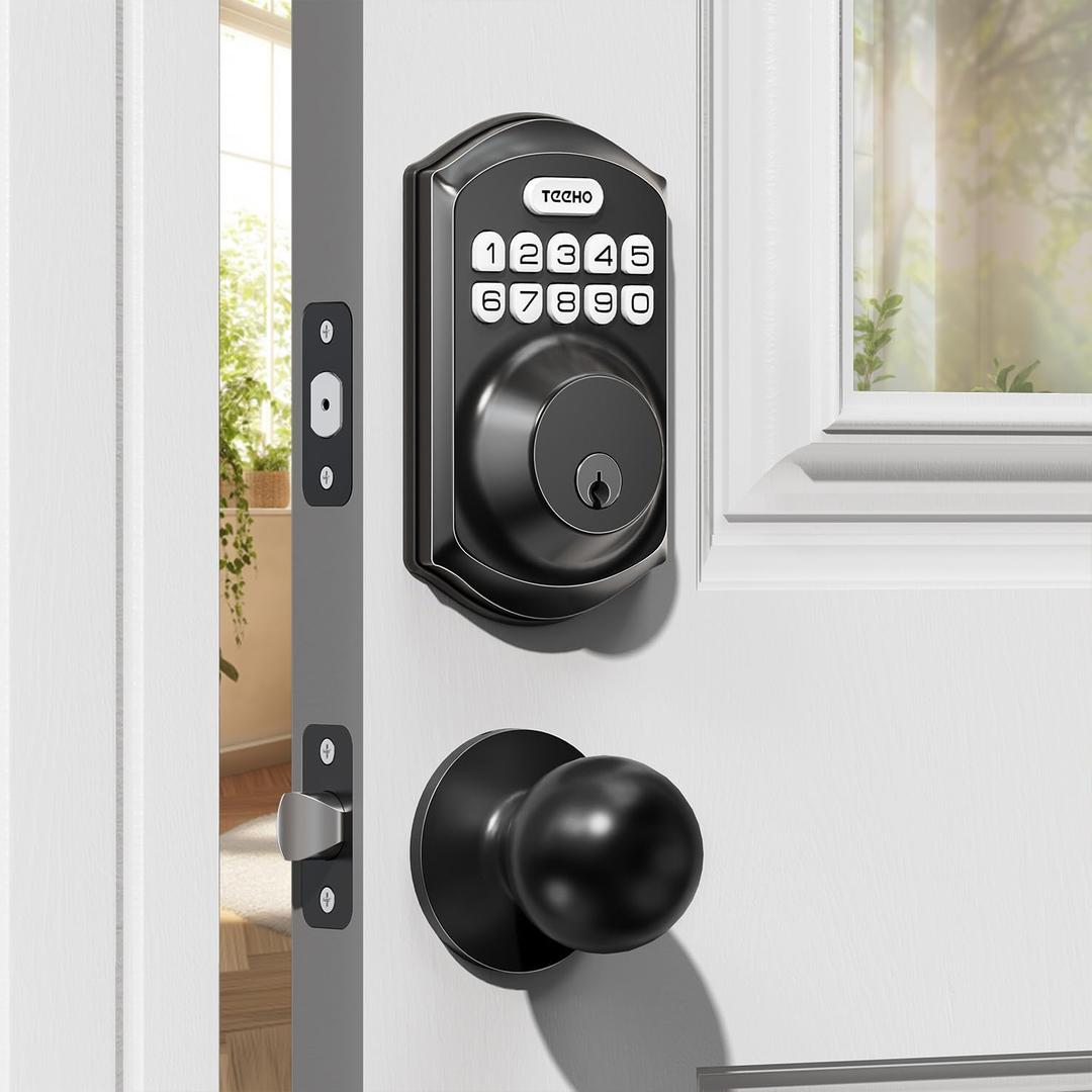 TEEHO TE001K Keyless Entry Door Lock with Handle, Electronic Keypad Deadbolt with 2 Knobs, High-Security Front Door Handle Set for Home & Rental, Smart Auto-Locking, Easy Install, Matte Black