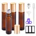 PrettyCare 4 Pack, 10 ml Essential Oil Roller Bottles with Stainless Steel Roller Ball - Refillable Leak-proof Empty Thick Amber Glass Roll on Bottles with Metal Caps for Travel, Perfume