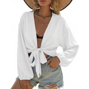 Ekouaer Women's Swimsuit Cover Ups Tie Front Long Sleeve Top Kimono for Women Bikini Shirt Summer Cardigan (XX-Large, White)