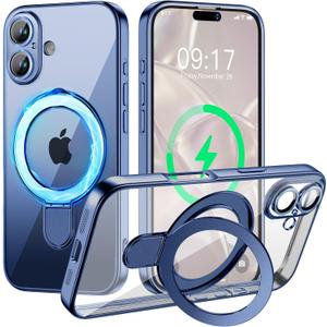 Magnetic for iPhone 17 Case with Invisible Stand[Compatible with MagSafe][Full Camera Lens Protector][Military Drop Protection] Shockproof Not Yellowing Clear Slim Soft for Women Men (Blue Titanium)