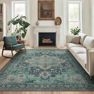 GENIMO 5x7 Area Rugs for Living Room, Machine Washable Non Slip Vintage Rugs, Low Pile Lightweight Chenille Print Rug for Bedroom, Dining Room, Home Office, Dark Green