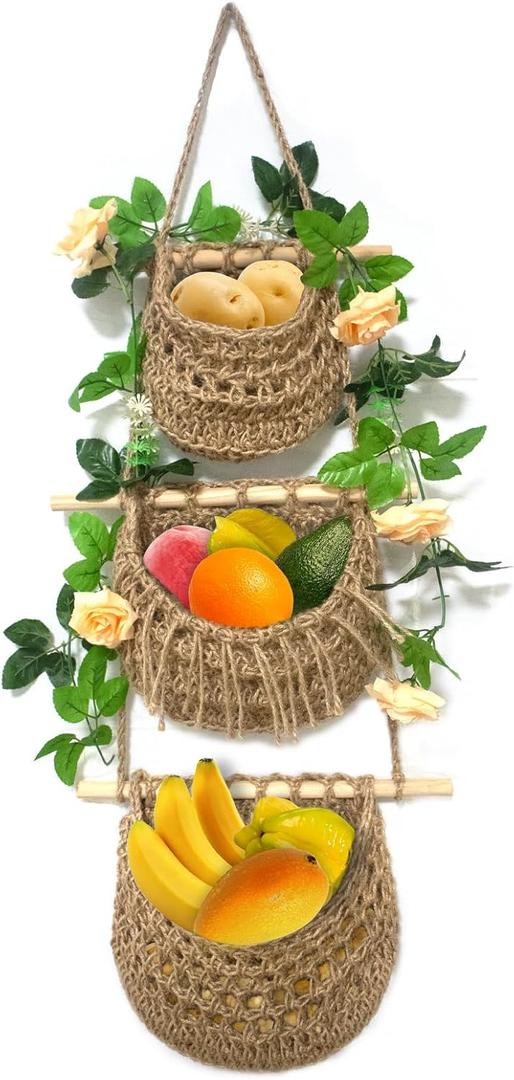 Hanging Fruit Baskets for Kitchen 3Tier Handmade Bohemian Wall Baskets for Organizing & Decorating Living Room Bedroom Wall Hanging Basket for Onion Storage & Fruit Storage