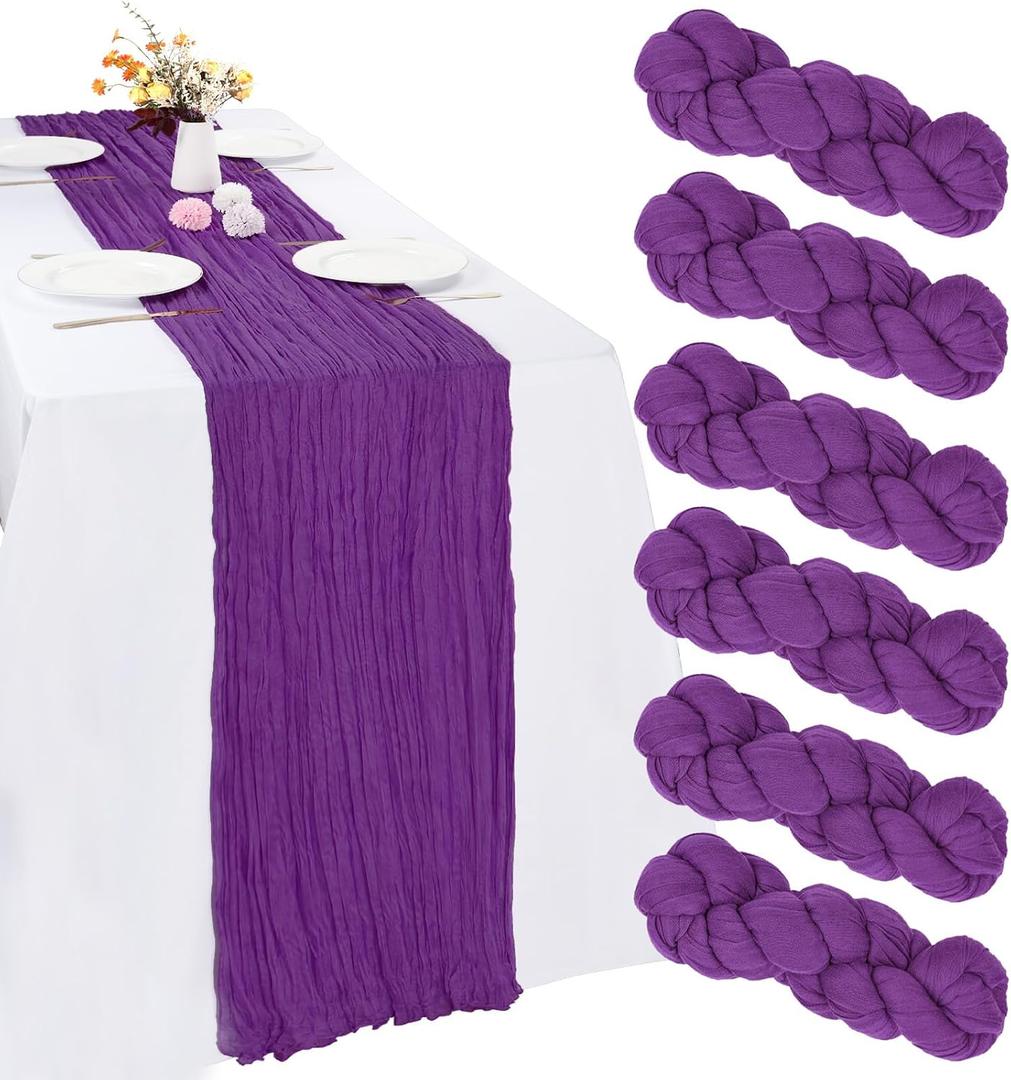 6 Pack Purple Cheesecloth Table Runner 10FT Cheese Cloth Boho Gauze Fabric Table Runner 35 x 120 Inch Rustic Sheer for Spring Holiday Wedding Baby Shower Party Decoration(Purple), 6 Pcs - 10 Ft