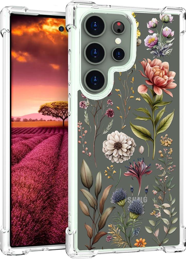 Compatible with Samsung Galaxy S24 Ultra Case Designer Cute Clear for Women,Cool Transparent Silicone Phone Cases Cover - Brown Botanical Flowers Herbs