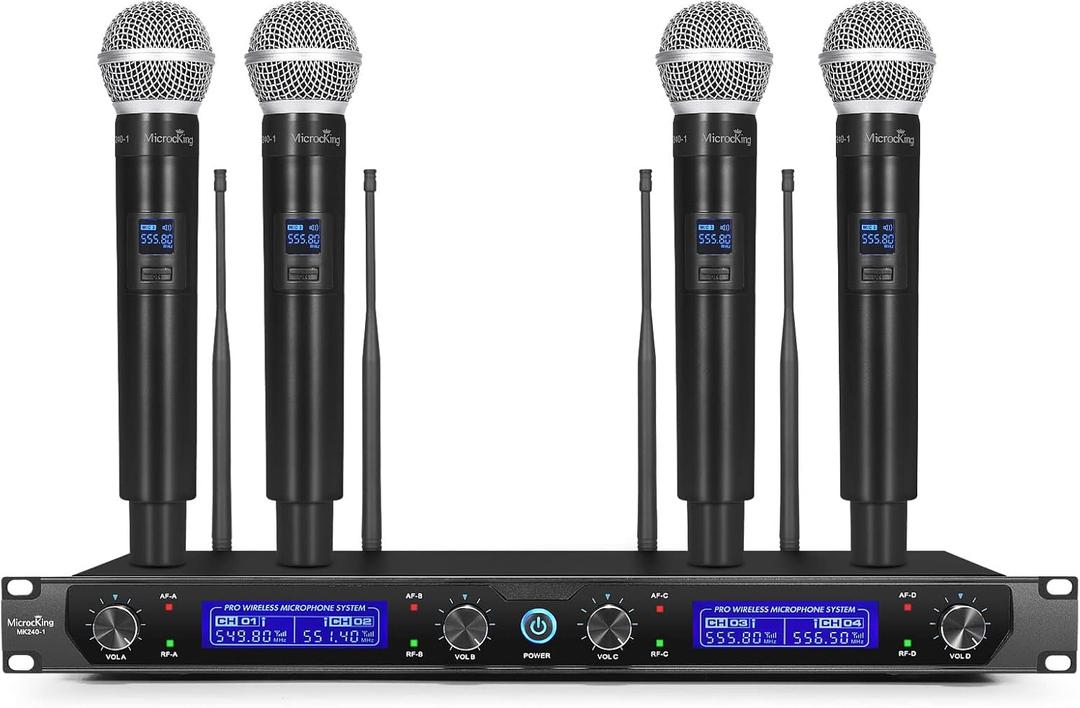 MicrocKing Wireless Microphone System, with 4 Handheld Mics, Metal Build, Fixed Frequency, Long Range 400ft, Ideal for Party/Wedding/Church/Conference/Speech