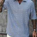 SOLY HUX Men's Summer Collared V Neck Textured Golf Shirts Boho Casual Short Sleeve Shirt Tops (L)