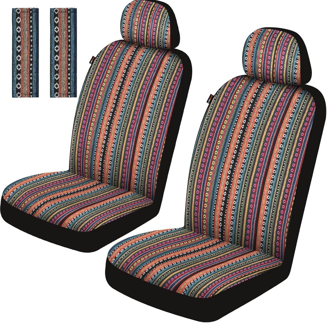 Baja Saddle Blanket Car Seat Covers Front Set, Washable Breathable Striped Woven Cloth Seat Covers for Cars, SUV, Truck, Airbag Compatible(Orange)