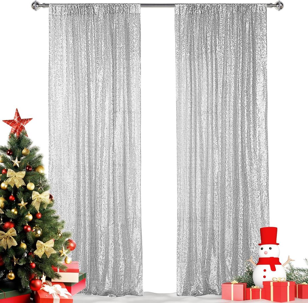 Hahuho Silver Sequin Backdrop Curtain, 2PCS 2FTx8FT Glitter Backdrop Curtain for Parties, Christmas, Wedding, Party Decoration2 Panels, 2FT x 8FT, Silver