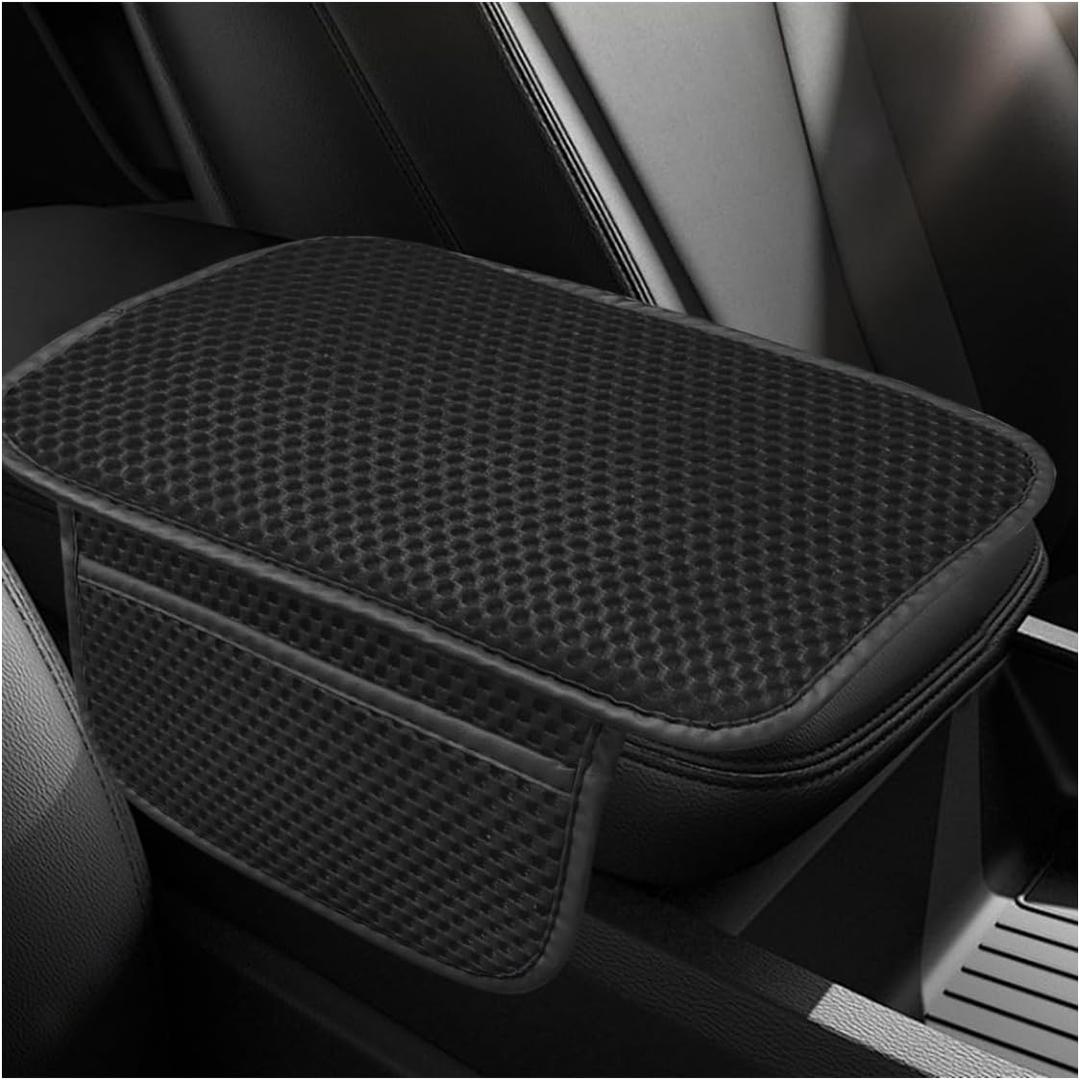 Car Center Console Cover, Cooling Auto Armrest Cushion Pad with 2 Storage Bags, Breathable Elbow Pillow Middle Console Protector, Universal Vehicle Interior Accessories (Black)