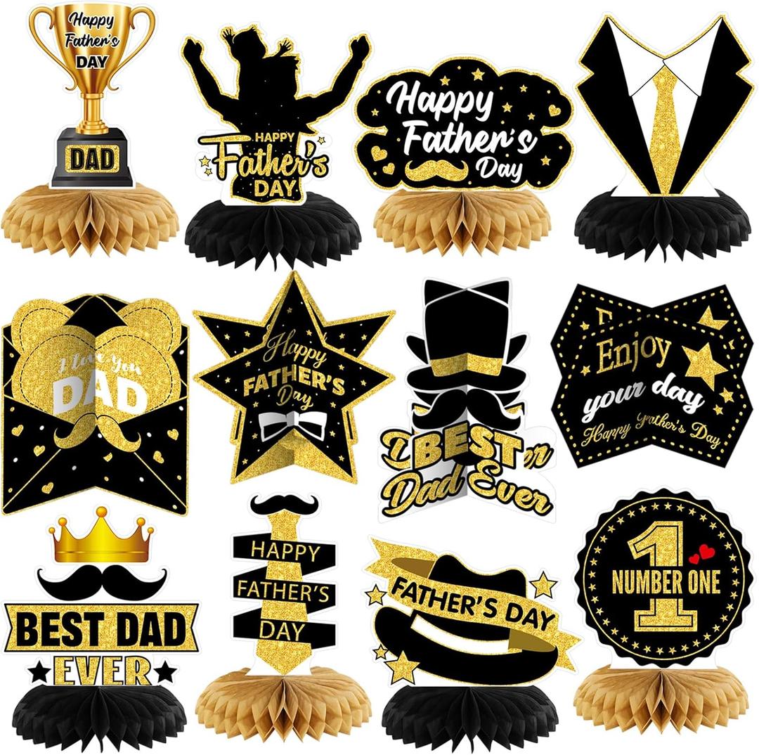 12 Pcs Father's Day Party Decorations Dad's Day Theme Party Decorations Black and Gold Father's Day Honeycomb Table Centerpieces for Home Office Birthday Honeycomb Supplies Decor