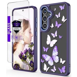 DagoRoo for Galaxy S24 5G Case with Tempered Glass Screen Protector,Samsung S24 5G [Military Grade Protective] Slim Soft TPU & Hard PC,Girls Women Crystal Clear Flower Pattern Cases-Purple Butterfly 2 Pack
