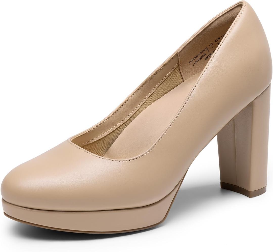 DREAM PAIRS Women's Pumps Closed Round Toe Chunky High Heels Platform Work Comfortable Dress Shoes for Women,Size 8, Nude