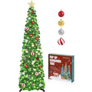 5 FT Pop Up Christmas Tree with Timer Lights and Decorations, Green Artificial Tinsel Christmas Tree with 24 Ball Ornaments, Collapsible Pencil Tree for Home, Office, Holiday Party