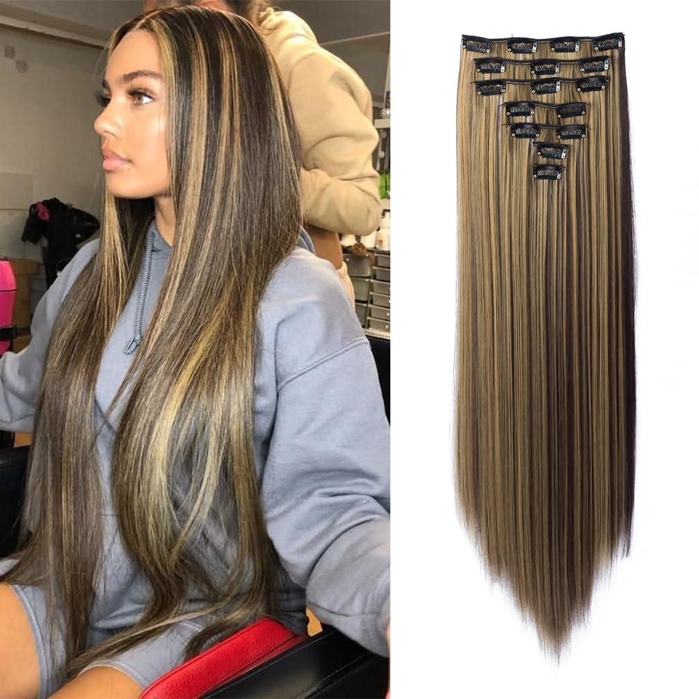7PCS Clip in Hair Extensions 22" Long Straight Hair Extensions Natural Soft Hairpieces for Women Brown Highlight Color